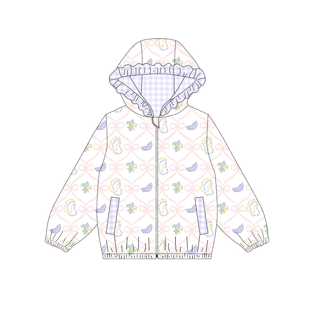 ( Moq 5 ) Preorder Baby Girls Bows Anchors Masks Pockets Hoodie Mardi Gras Zipper Coat Jacket