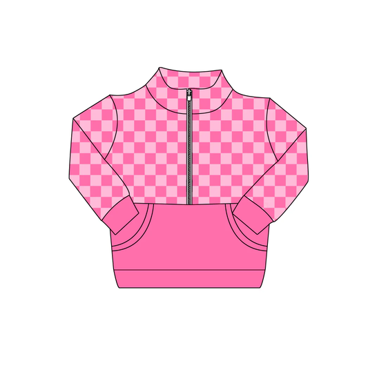( Moq 5 ) Preorder Baby Girls Pink Checked Zipper Pockets Pullover Shirt Tops