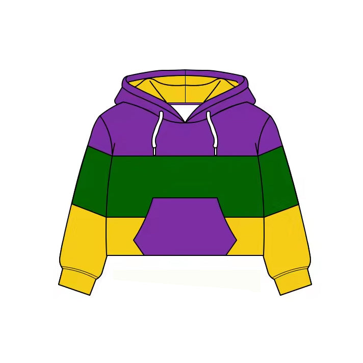 ( Moq 5 ) Preorder Baby Girls Long Sleeves Yoga Purple Pocket Hoodie Mardi Gras Pullover Tops