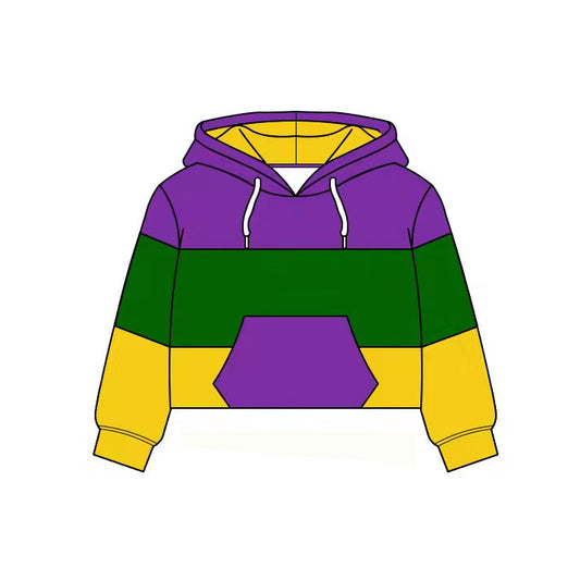 ( Moq 5 ) Preorder Baby Girls Long Sleeves Yoga Purple Pocket Hoodie Mardi Gras Pullover Tops