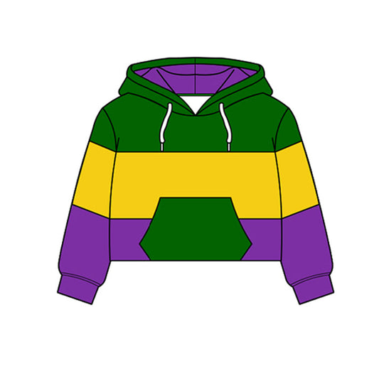 ( Moq 5 ) Preorder Baby Girls Lavender Long Sleeves Green Pocket Yoga Hoodie Mardi Gras Pullover Tops