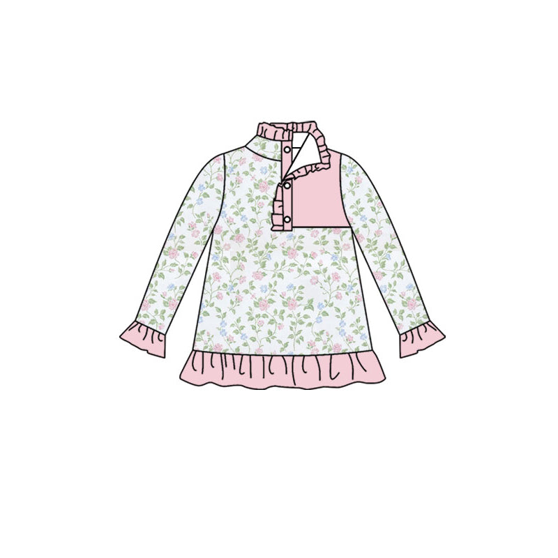 ( Moq 5 ) Preorder Baby Girls Long Sleeves Floral Buttons Ruffle Pullover Shirt