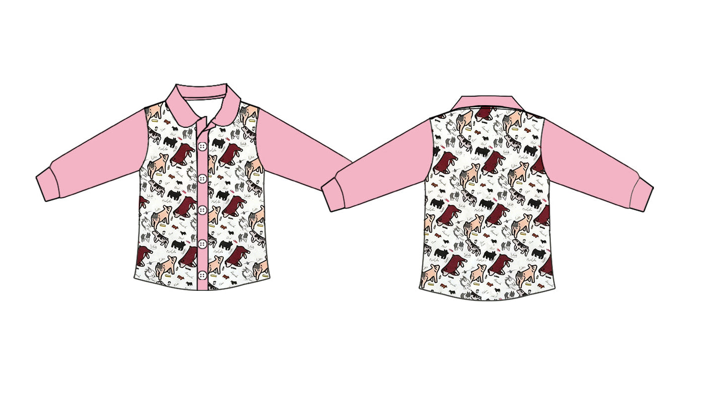 ( Moq 5 ) Preorder Baby Girls Pink Long Sleeves Cows Buttons Western Shirt Tops