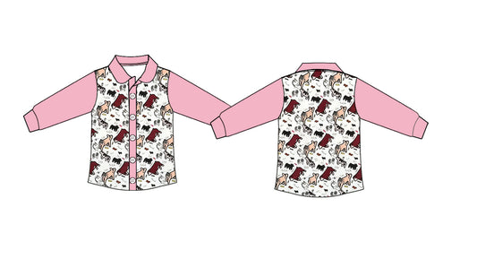 ( Moq 5 ) Preorder Baby Girls Pink Long Sleeves Cows Buttons Western Shirt Tops
