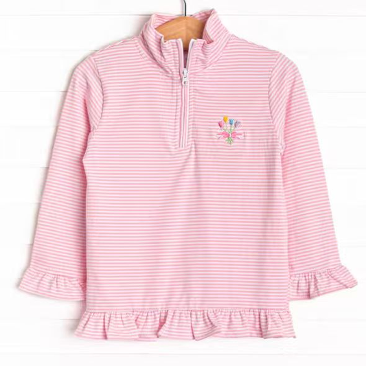 ( Moq 5 ) Preorder Baby Girls Long Sleeves Flower Pink Stripes Zipper Pullover Shirt
