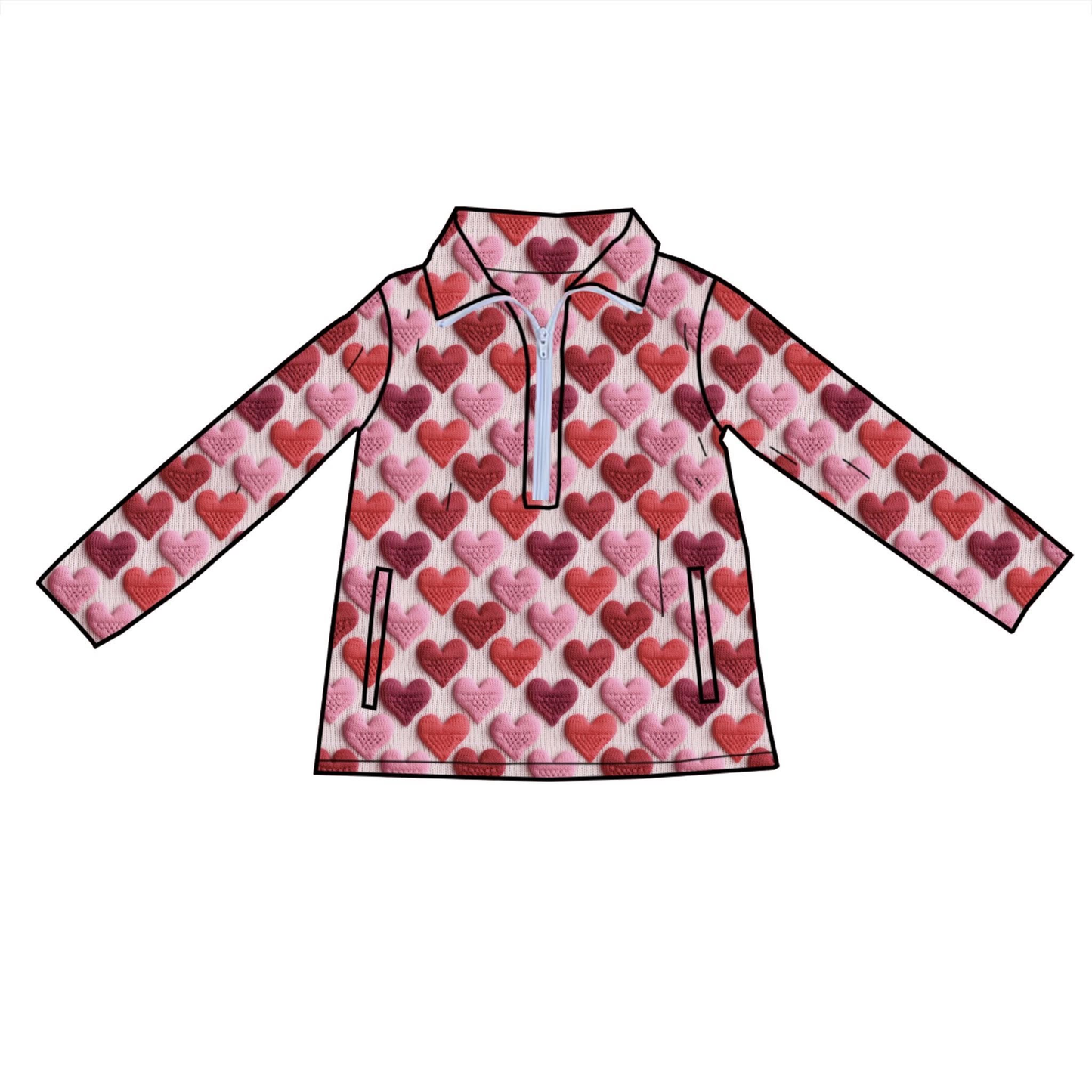 ( Moq 5 ) Preorder Baby Girls Long Sleeves Hearts Yoga Zipper Pockets Pullover Valentines Shirt