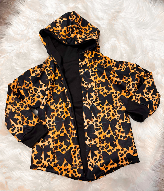 ( Moq 5 )  Preorder Baby Girls Long Sleeves Bows Leopard Hoodie Cardigan Shirt Tops