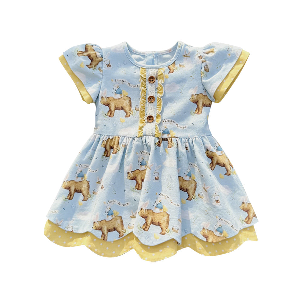 ( Moq 5 ) Preorder Baby Girls Toddler Short Sleeves Bear Rabbits Easter Ruffle Tunic Tops