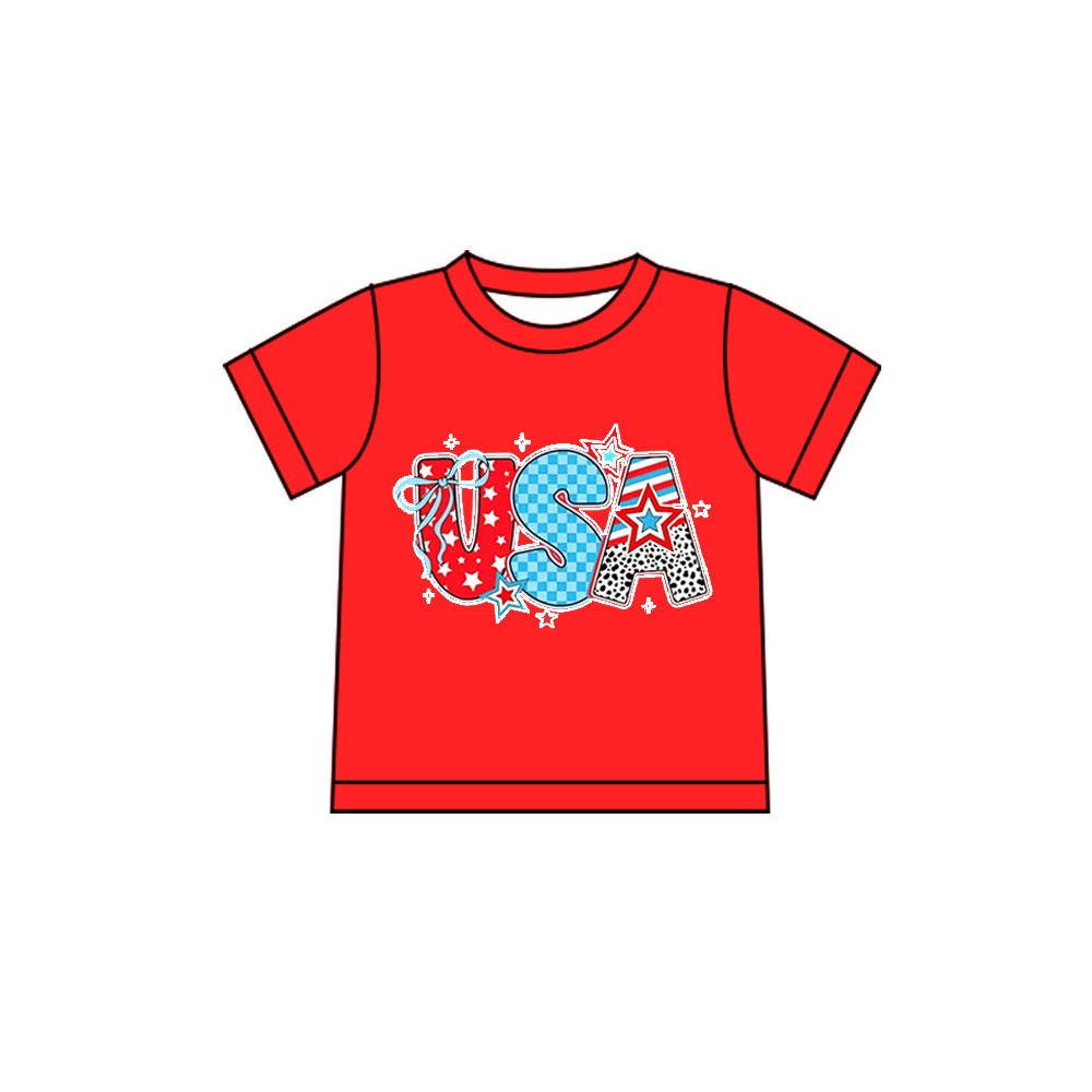 ( Moq 5 ) Preorder Baby Girls Red Short Sleeves USA Stars Bows 4th of July Tee Shirt Tops