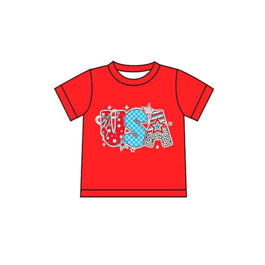 ( Moq 5 ) Preorder Baby Girls Red Short Sleeves USA Stars Bows 4th of July Tee Shirt Tops