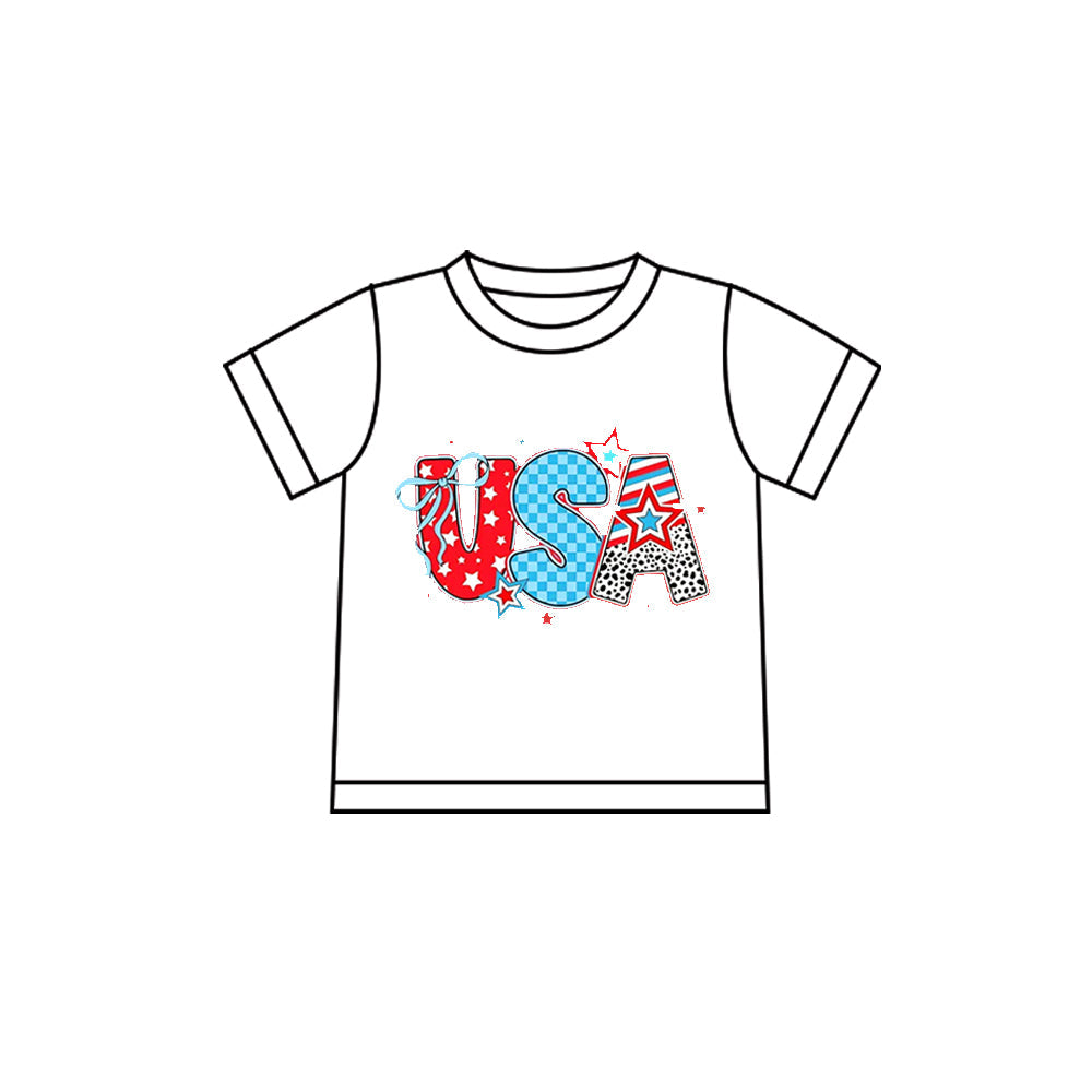 ( Moq 5 ) Preorder Baby Girls White Short Sleeves USA Stars Bows 4th of July Tee Shirt Tops