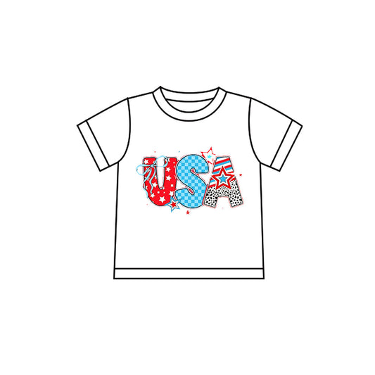 ( Moq 5 ) Preorder Baby Girls White Short Sleeves USA Stars Bows 4th of July Tee Shirt Tops