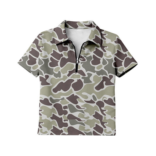 ( Moq 5 ) Preorder Adult Women Short Sleeves Dark Brown Camo Zipper Pullover Shirt Tops
