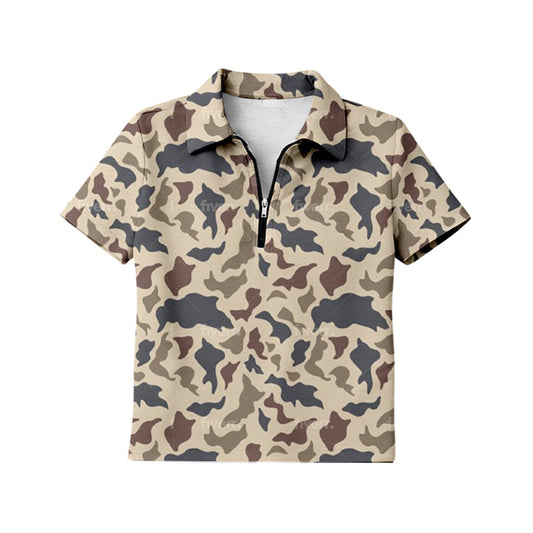 ( Moq 5 ) Preorder Adult Women Short Sleeves Light Brown Camo Zipper Pullover Shirt Tops