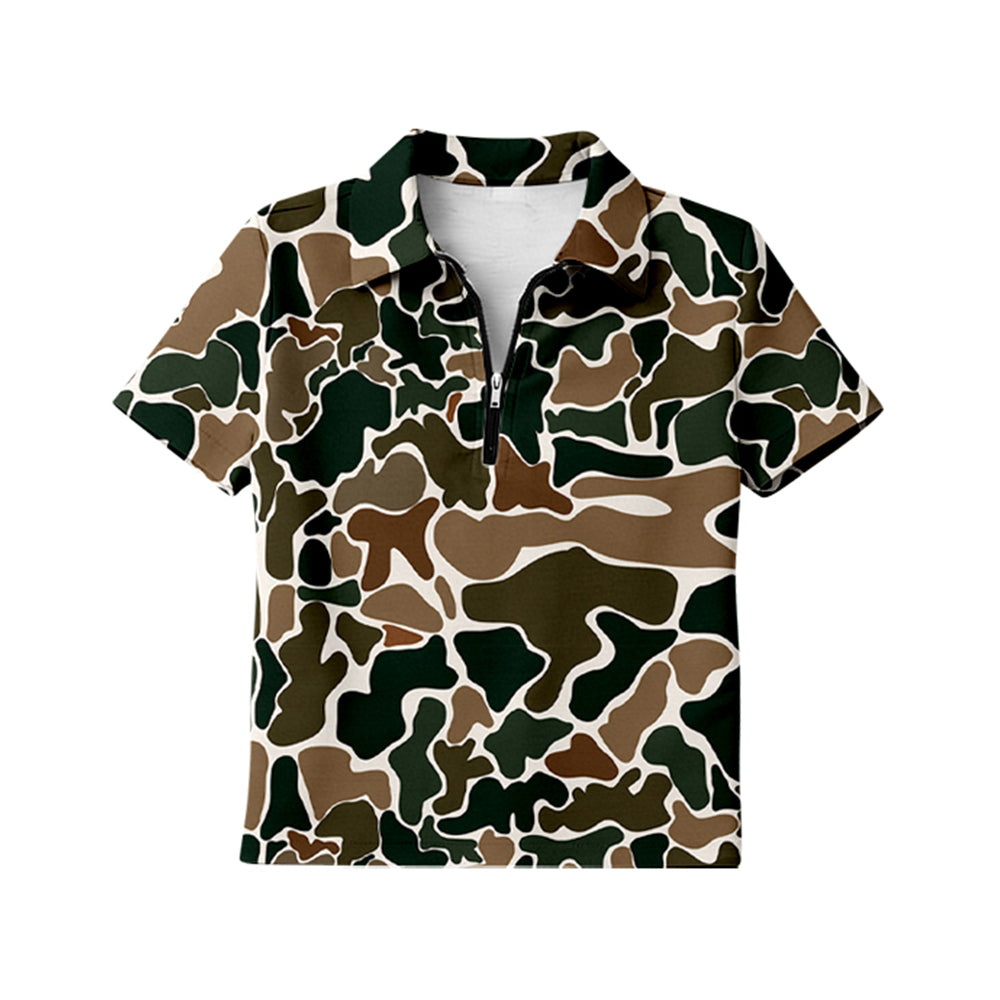 ( Moq 5 ) Preorder Adult Women Short Sleeves Brown Green Camo Zipper Pullover Shirt Tops