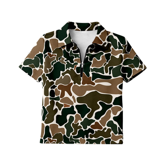 ( Moq 5 ) Preorder Adult Women Short Sleeves Brown Green Camo Zipper Pullover Shirt Tops