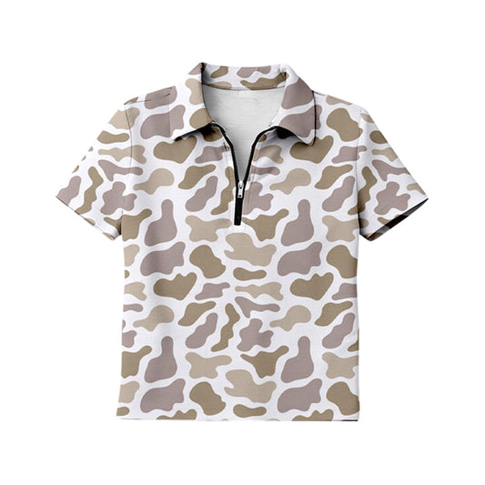 ( Moq 5 ) Preorder Adult Women Short Sleeves Khaki Camo Zipper Pullover Shirt Tops