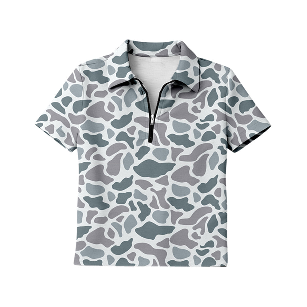 ( Moq 5 ) Preorder Adult Women Short Sleeves Grey Camo Zipper Pullover Shirt Tops