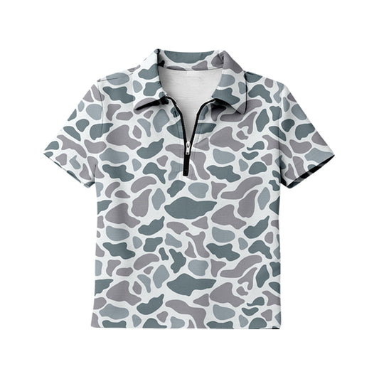( Moq 5 ) Preorder Adult Women Short Sleeves Grey Camo Zipper Pullover Shirt Tops