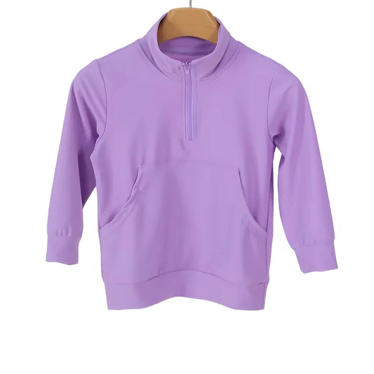 ( Moq 5 ) Preorder Baby Girls Kids Long Sleeves Pocket Zipper Purple Yoga Pullover Shirt Tops