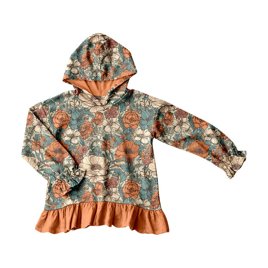( Moq 5 ) Preorder Baby Girls Kids Long Sleeves Flower Orange Ruffle Hoodie Shirt Fall Clothes