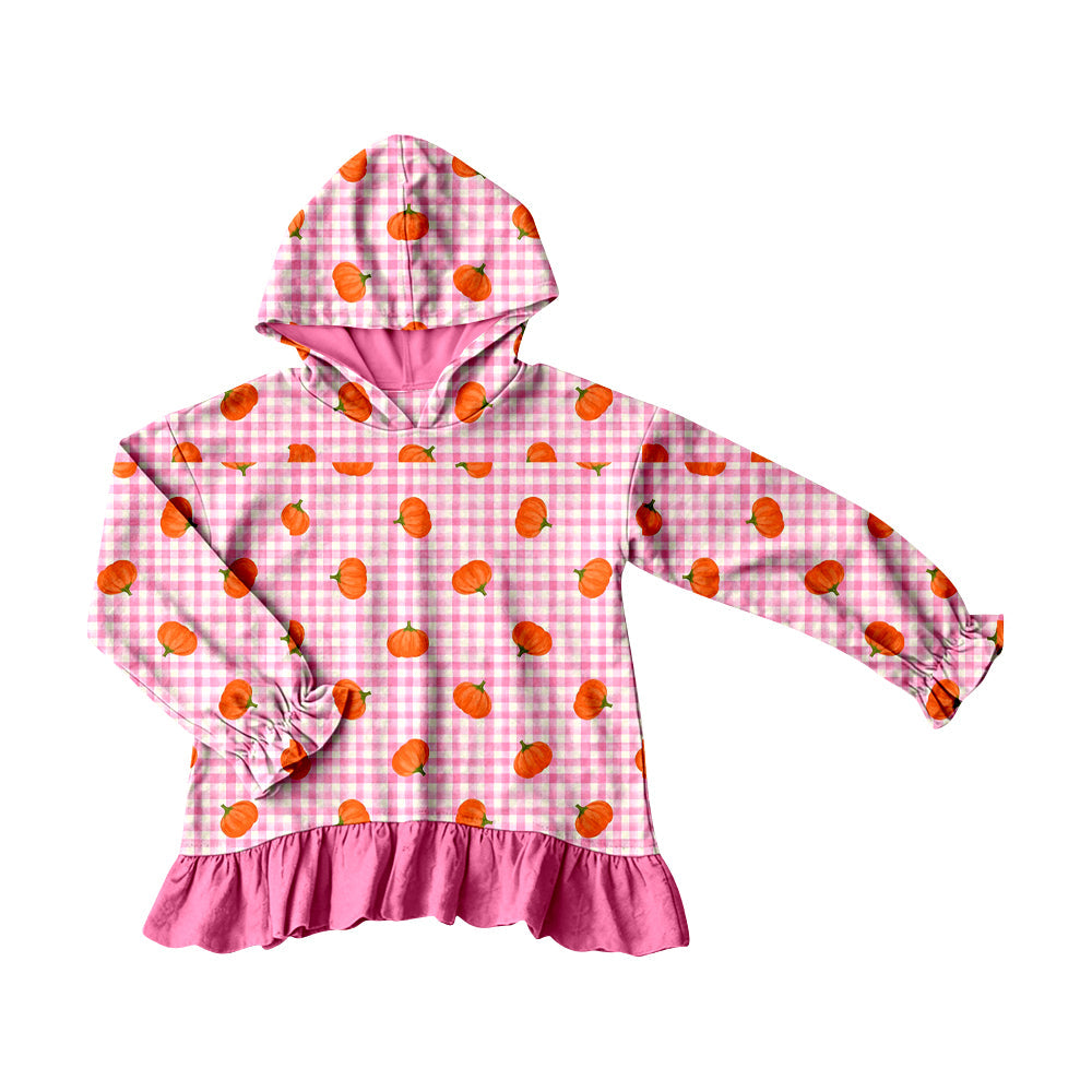 ( Moq 5 ) Preorder Baby Girls Kids Pumpkins Plaid Hoodie Pink Ruffle Shirt Fall Tops Clothes