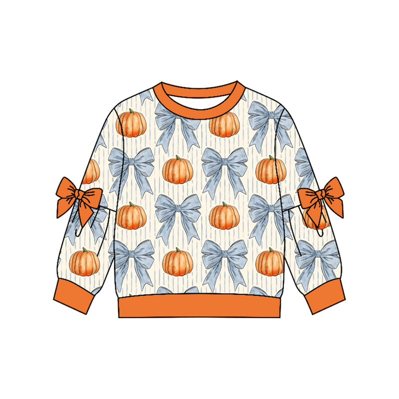 ( Moq 5 ) Preorder Baby Girls Kids Long Sleeves Blue Bows Pumpkins Shirt Fall Tops Clothes