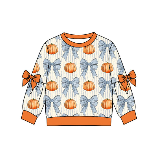 ( Moq 5 ) Preorder Baby Girls Kids Long Sleeves Blue Bows Pumpkins Shirt Fall Tops Clothes