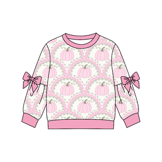 ( Moq 5 ) Preorder Baby Girls Kids Long Sleeves Bows Pumpkins Shirt Fall Tops Pink Clothes