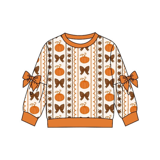 ( Moq 5 ) Preorder Baby Girls Kids Long Sleeves Orange Bows Pumpkins Shirt Fall Tops Clothes