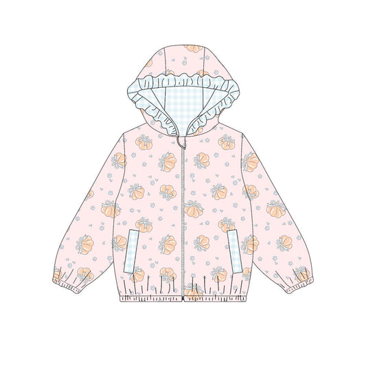 ( Moq 5 ) Preorder Baby Girls Kids Long Sleeves Pockets Plaid Hoodie Zipper Pumpkins Tops Fall Clothes