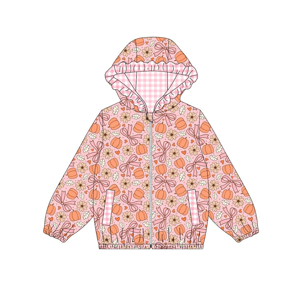 ( Moq 5 ) Preorder Baby Girls Kids Long Sleeve Pumpkins Bows Flower Pockets Hoodie Zipper Tops Fall Clothes