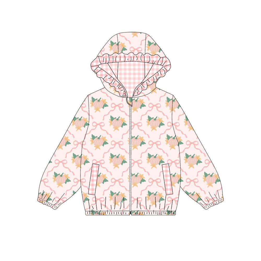 ( Moq 5 ) Preorder Baby Girls Kids Long Sleeve Pumpkins Bows Pockets Hoodie Zipper Tops Fall Clothes