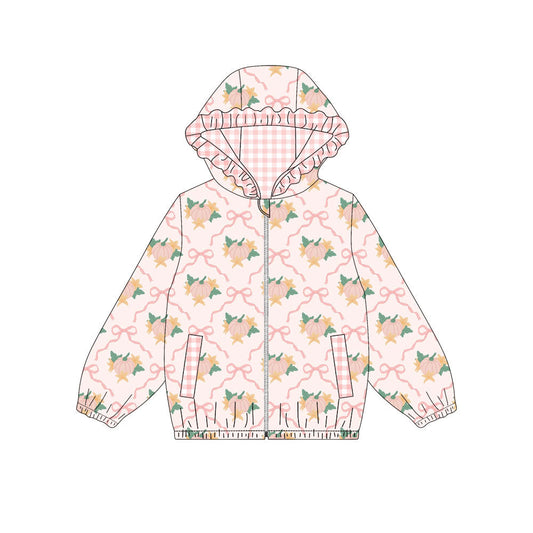 ( Moq 5 ) Preorder Baby Girls Kids Long Sleeve Pumpkins Bows Pockets Hoodie Zipper Tops Fall Clothes