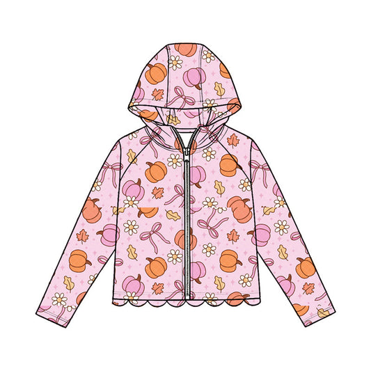 ( Moq 5 ) Preorder Baby Girls Kids Pumpkins Bows Flower Zipper Hoodie Scallop Tops Fall Clothes