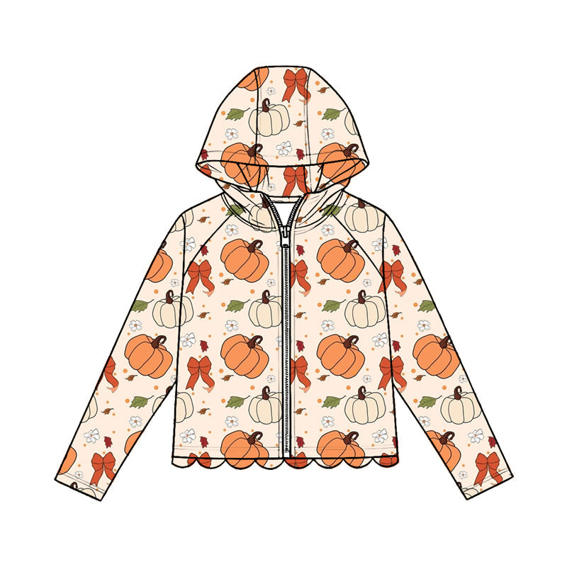 ( Moq 5 ) Preorder Baby Girls Kids Long Sleeves Pumpkins Bows Zipper Hoodie Scallop Tops Fall Clothes