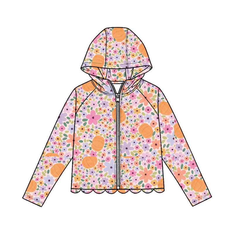 ( Moq 5 ) Preorder Baby Girls Kids Long Sleeves Pumpkins Flower Zipper Hoodie Scallop Tops Fall Clothes