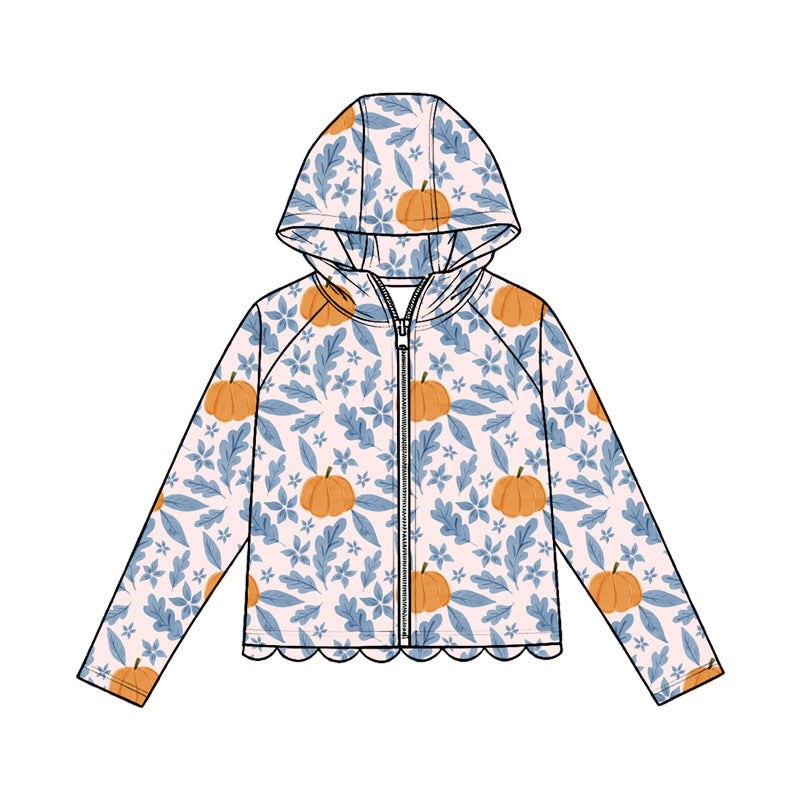 ( Moq 5 ) Preorder Baby Girls Kids Long Sleeves Pumpkins Zipper Hoodie Scallop Tops Fall Clothes