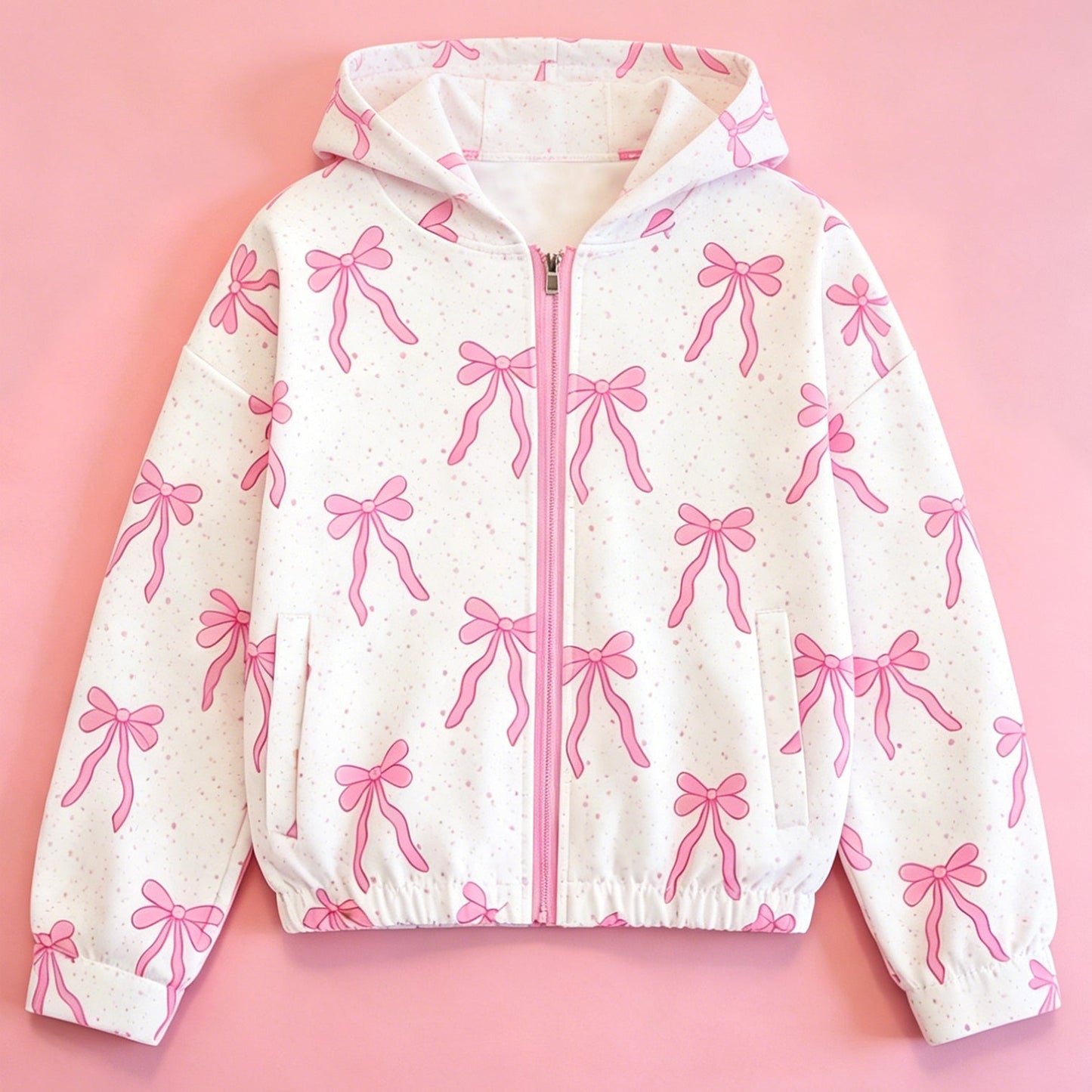 ( Moq 5 ) Preorder Baby Girls Kids Long Sleeves Pink Bows Pockets Zipper Hoodie Yoga Active Tops