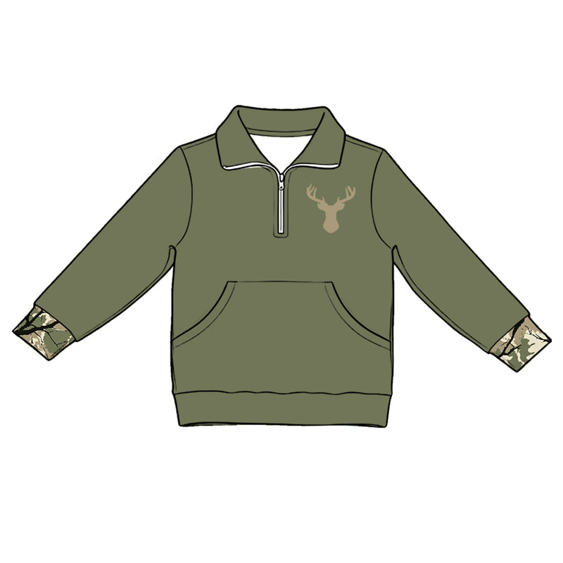 ( Moq 5 ) Preorder Baby Kids Long Sleeves Deer Zipper Pocket Green Shirt Hunting Pullover