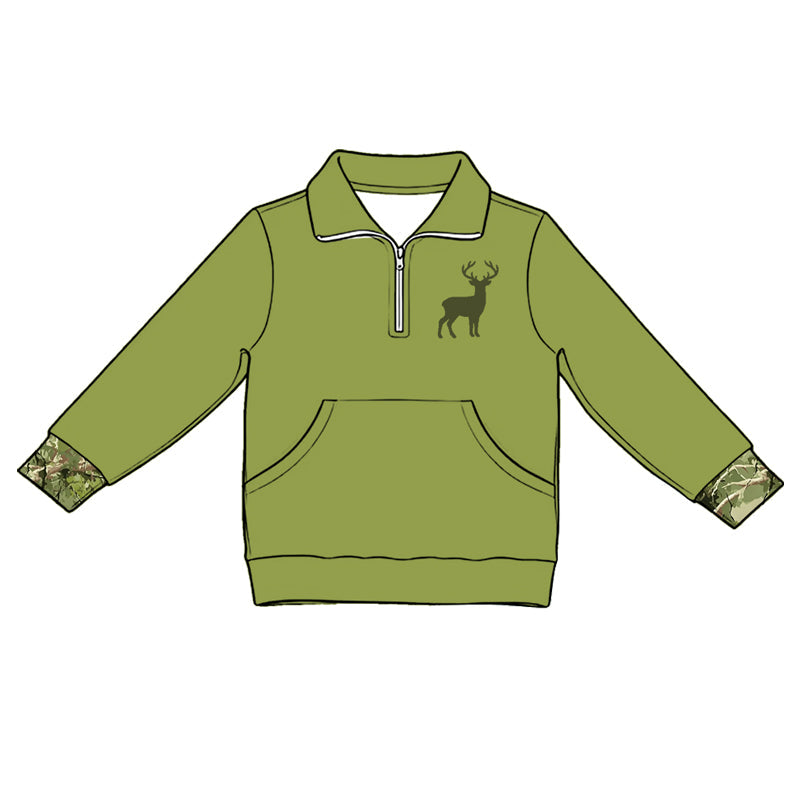 ( Moq 5 ) Preorder Baby Kids Green Long Sleeves Deer Zipper Pocket Shirt Hunting Pullover