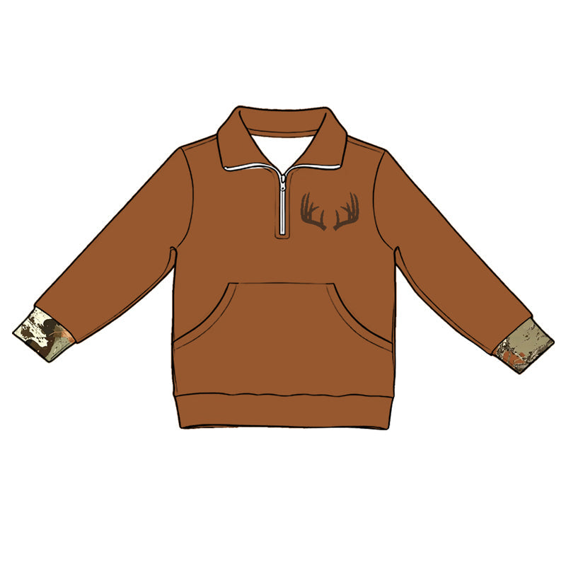 ( Moq 5 ) Preorder Baby Kids Brown Long Sleeves Deer Zipper Pocket Shirt Hunting Pullover