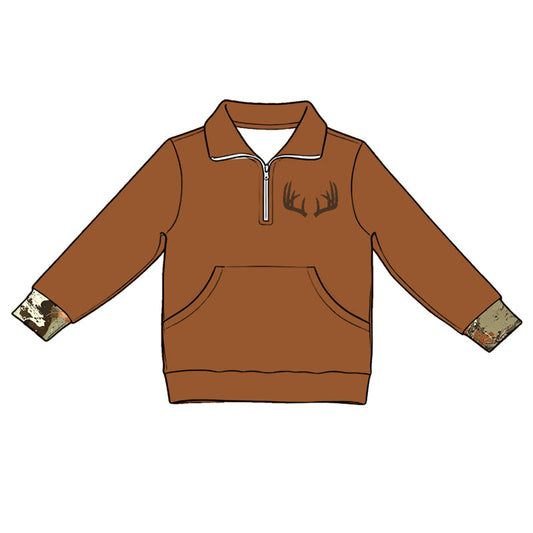 ( Moq 5 ) Preorder Baby Kids Brown Long Sleeves Deer Zipper Pocket Shirt Hunting Pullover