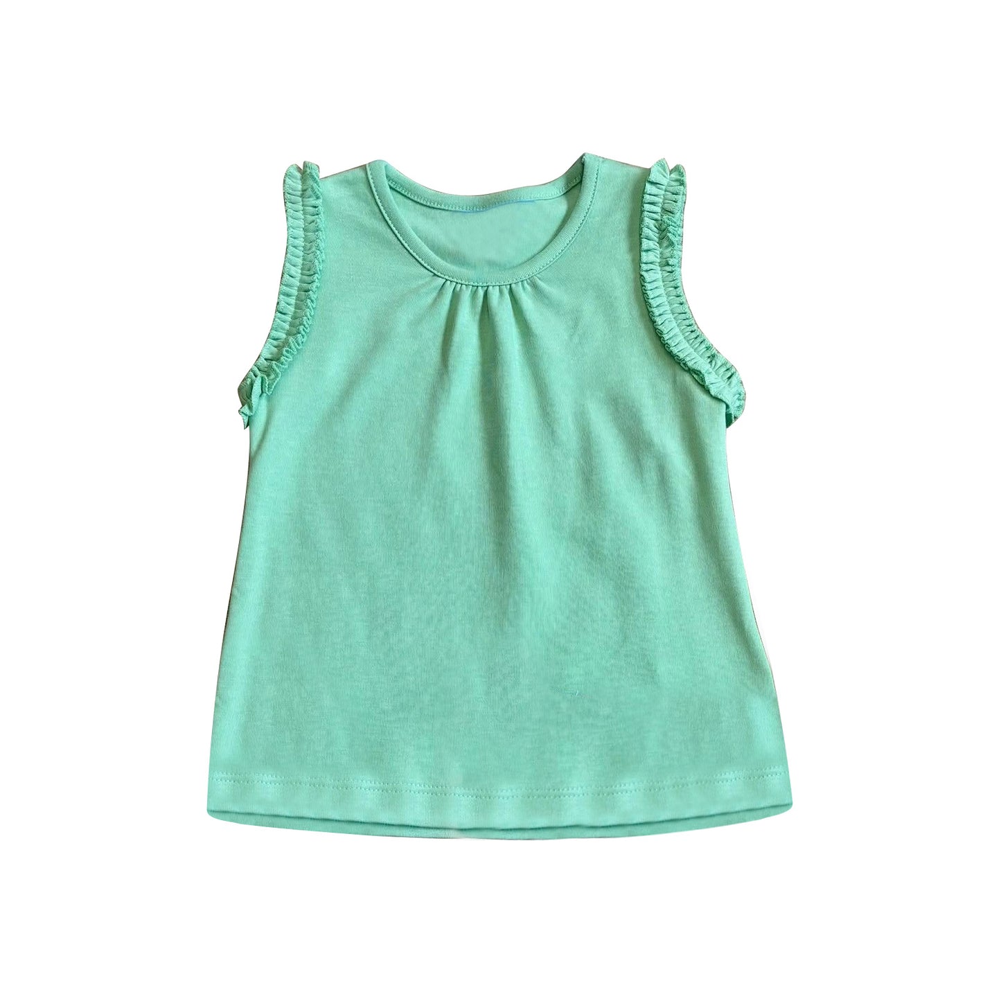 ( Moq 5 ) Preorder Baby Girls Sleeveless Green Ruffle Pullover Kids Cotton Tops Clothes