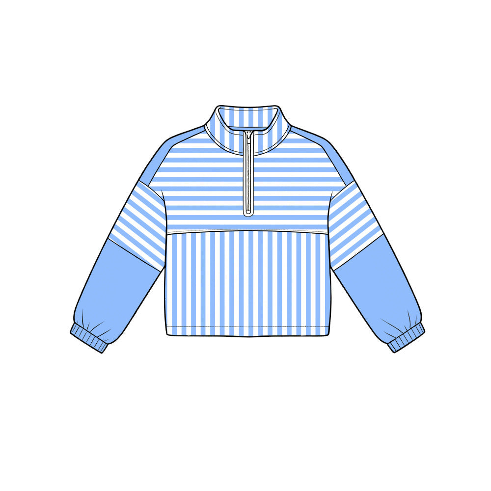 ( Moq 5 ) Preorder Baby Girls Kids Long Sleeves Blue Stripes Zipper Pullover Yoga Active Shirt