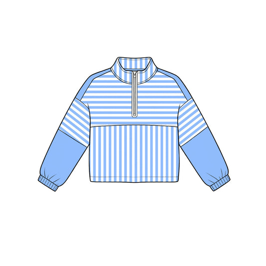 ( Moq 5 ) Preorder Baby Girls Kids Long Sleeves Blue Stripes Zipper Pullover Yoga Active Shirt