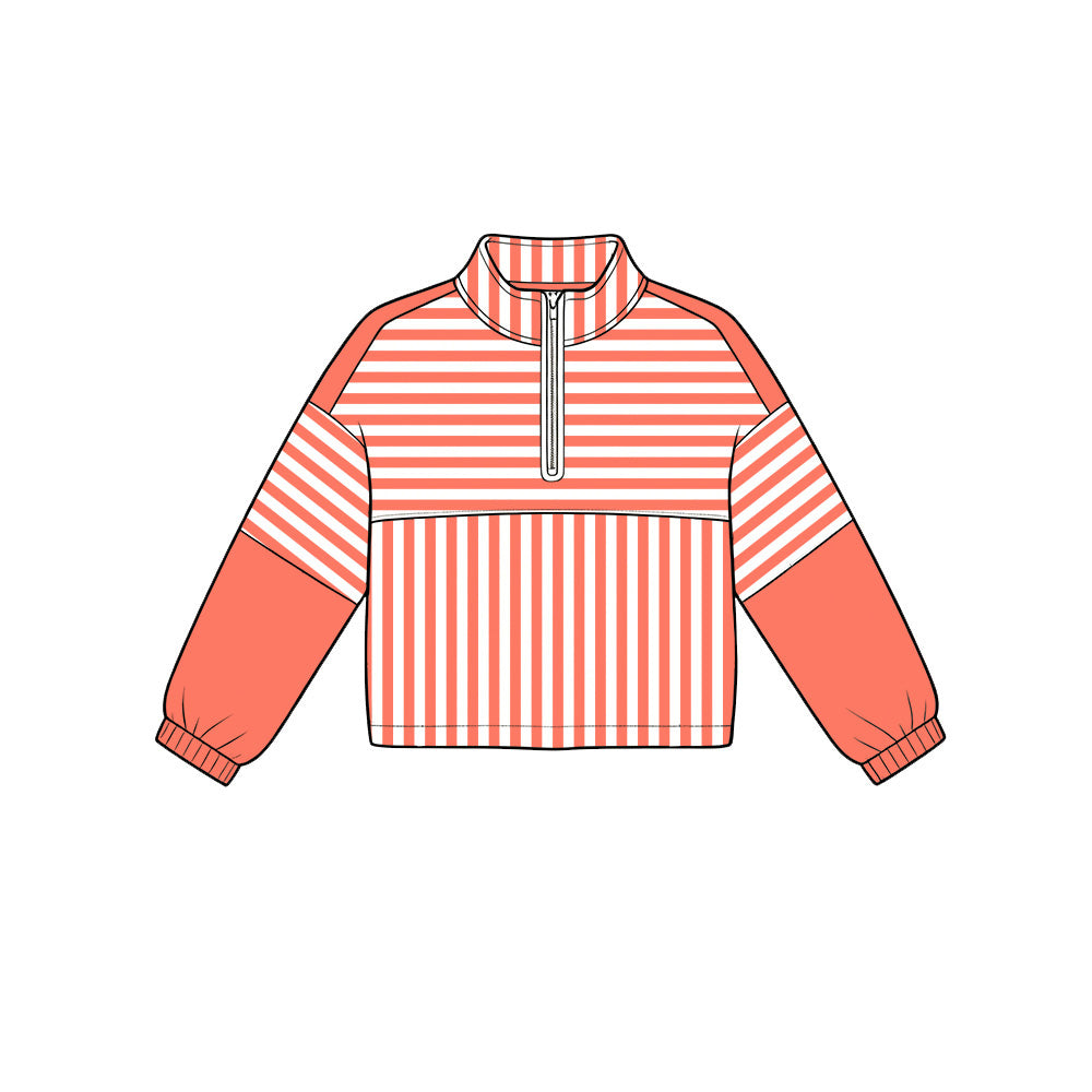 ( Moq 5 ) Preorder Baby Girls Kids Long Sleeves Orange Stripes Zipper Pullover Yoga Active Shirt