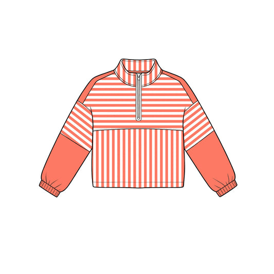 ( Moq 5 ) Preorder Baby Girls Kids Long Sleeves Orange Stripes Zipper Pullover Yoga Active Shirt