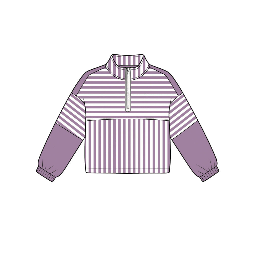 ( Moq 5 ) Preorder Baby Girls Kids Long Sleeves Purple Stripes Zipper Pullover Yoga Active Shirt