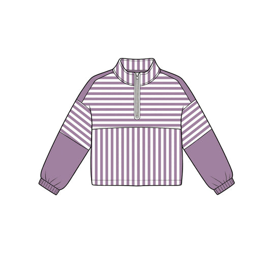 ( Moq 5 ) Preorder Baby Girls Kids Long Sleeves Purple Stripes Zipper Pullover Yoga Active Shirt